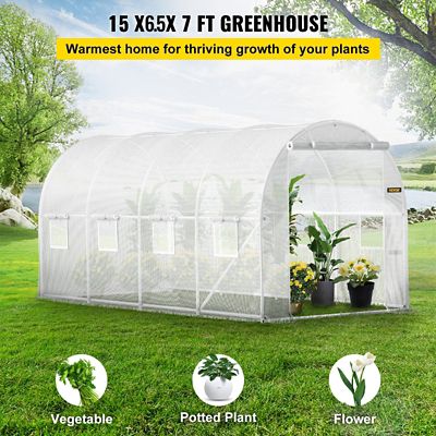 Image showing  15 x 6.5 x 7ft. Walk-in Greenhouse Portable Plant Hot House with Steel Hoops, Zippered Door & 8 Windows, White
