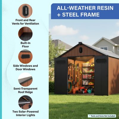 Image showing  8x12 Heavy-Duty Outdoor Resin Storage Shed with Solar Light, Windows & Double Doors-by a Trusted USA Brand, Brown