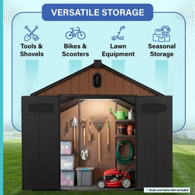 Image showing  8x12 Heavy-Duty Outdoor Resin Storage Shed with Solar Light, Windows & Double Doors-by a Trusted USA Brand, Brown