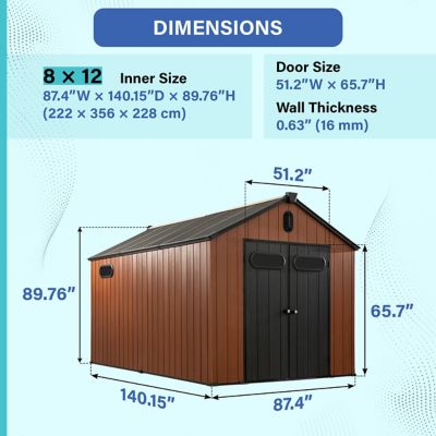 Image showing  8x12 Heavy-Duty Outdoor Resin Storage Shed with Solar Light, Windows & Double Doors-by a Trusted USA Brand, Brown