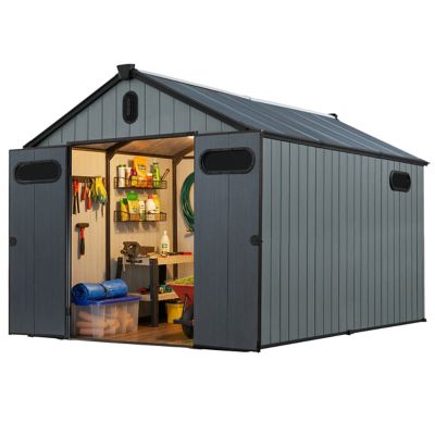 Plexalife 8x12 Heavy, Duty Outdoor Resin Storage Shed with Solar Light, Windows and Double Doors, by a Trusted USA Brand, Grey