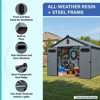 Image showing  8x12 Heavy-Duty Outdoor Resin Storage Shed with Solar Light, Windows & Double Doors-by a Trusted USA Brand, Grey