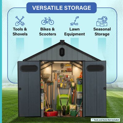 Image showing  8x12 Heavy-Duty Outdoor Resin Storage Shed with Solar Light, Windows & Double Doors-by a Trusted USA Brand, Grey