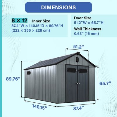 Image showing  8x12 Heavy-Duty Outdoor Resin Storage Shed with Solar Light, Windows & Double Doors-by a Trusted USA Brand, Grey