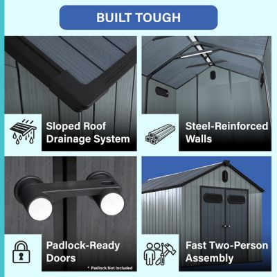 Image showing  8x12 Heavy-Duty Outdoor Resin Storage Shed with Solar Light, Windows & Double Doors-by a Trusted USA Brand, Grey