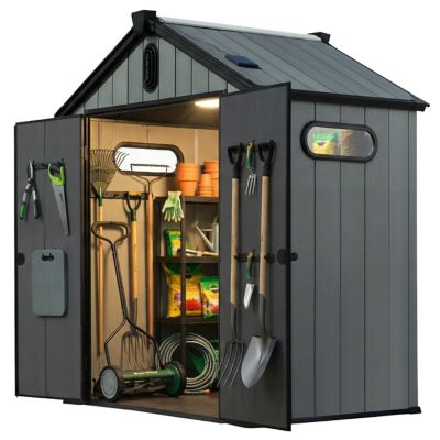 Plexalife 6x4 Heavy, Duty Outdoor Resin Storage Shed with Solar Light, Windows and Double Doors, by a Trusted USA Brand, Grey