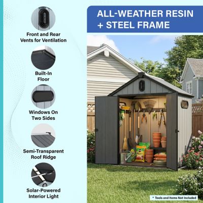Image showing 1 th Plexalife 6x4 Heavy-Duty Outdoor Resin Storage Shed with Solar Light, Windows & Double Doors-by a Trusted USA Brand, Grey