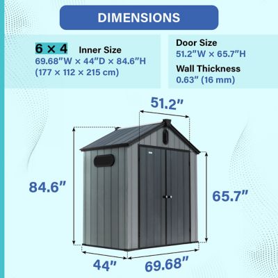 Image showing 3 th Plexalife 6x4 Heavy-Duty Outdoor Resin Storage Shed with Solar Light, Windows & Double Doors-by a Trusted USA Brand, Grey