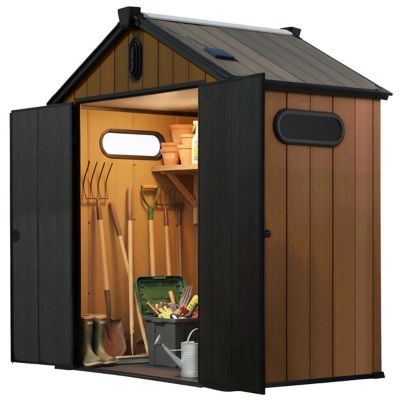 Plexalife 6x4 Heavy, Duty Outdoor Resin Storage Shed with Solar Light, Windows and Double Doors, by a Trusted USA Brand, Brown