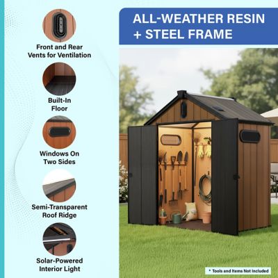 Image showing  6x4 Heavy-Duty Outdoor Resin Storage Shed with Solar Light, Windows & Double Doors-by a Trusted USA Brand, Brown