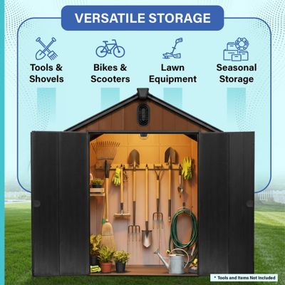 Image showing  6x4 Heavy-Duty Outdoor Resin Storage Shed with Solar Light, Windows & Double Doors-by a Trusted USA Brand, Brown