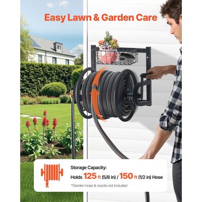 Image showing  Heavy-Duty Wall Hose Reel, 125 ft. 5/8 in. Hose, Manual Crank, Brass Fittings and Storage Basket for Lawn