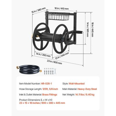Image showing  Heavy-Duty Wall Hose Reel, 125 ft. 5/8 in. Hose, Manual Crank, Brass Fittings and Storage Basket for Lawn