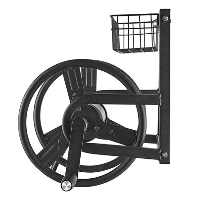 Image showing  Heavy-Duty Wall Hose Reel, 125 ft. 5/8 in. Hose, Manual Crank, Brass Fittings and Storage Basket for Lawn