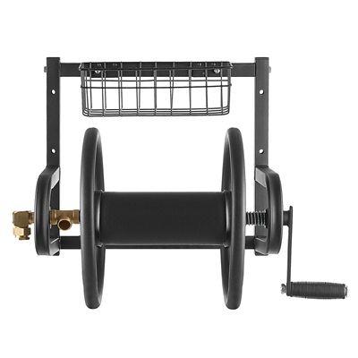 Image showing  Heavy-Duty Wall Hose Reel, 125 ft. 5/8 in. Hose, Manual Crank, Brass Fittings and Storage Basket for Lawn