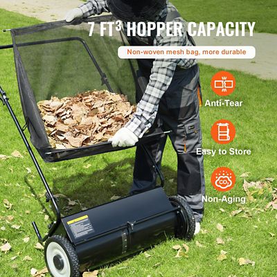 Image showing  Push Lawn Sweeper, 26 in. Leaf Grass Collector, Rubber Wheels, Heavy Duty Steel, 7 cu. ft. Mesh Hopper, 4 Brushes
