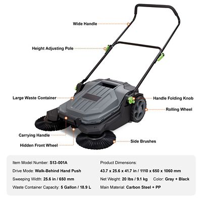 Image showing  Walk-behind Push Floor Sweeper, 25.6 in. Width, Manual Non-Electric, 5 gal. Waste, Adjustable Handle for Walkway Yard