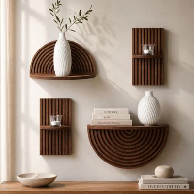 Image showing  Dark Walnut Boho Arched Modular Wood Wall Shelf Set