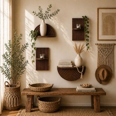 Image showing  Dark Walnut Boho Arched Modular Wood Wall Shelf Set