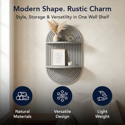 Image showing  Grey Boho Arched Carved Modular Lunar Ledges 2-Tier Floating Wall Shelf
