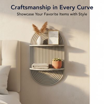 Image showing  Grey Boho Arched Carved Modular Lunar Ledges 2-Tier Floating Wall Shelf