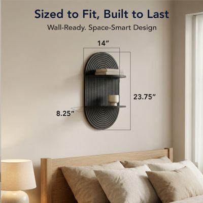 Image showing  Black Boho Arched Carved Modular Lunar Ledges 2-Tier Floating Wall Shelf