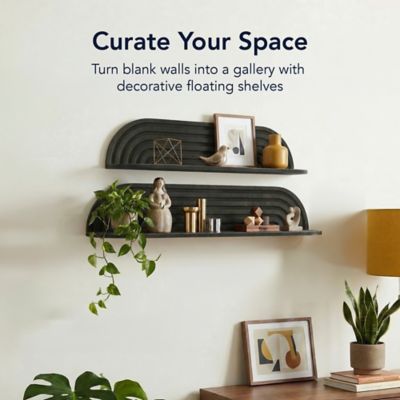 Image showing  Black Floating Wall Shelves Set of 2, Rustic Wood