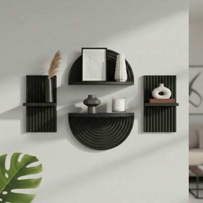 American Art Decor Black Boho Arched Modular Wood Wall Shelf Set