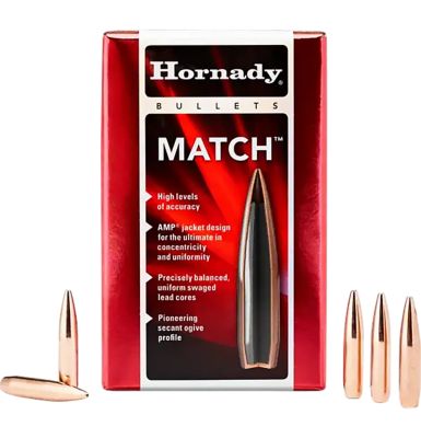 Hornady Match .30 Caliber 208-Grain Hollow Point Boat Tail Match Reloading Rifle Bullets, 100 Rounds