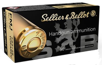 Sellier & Bellot 7.62x25mm Tokarev 85-Grain Full Metal Jacket Handgun Ammunition, 50 Rounds