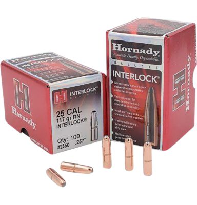 Hornady InterLock .25 Caliber 117-Grain Round Nose Reloading Rifle Bullets, 100 Rounds