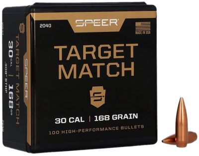 Speer Ammo Plinking Target Match .308 Caliber 168-Grain Open Tip Match Boat Tail Reloading Rifle Bullets, 100 Rounds