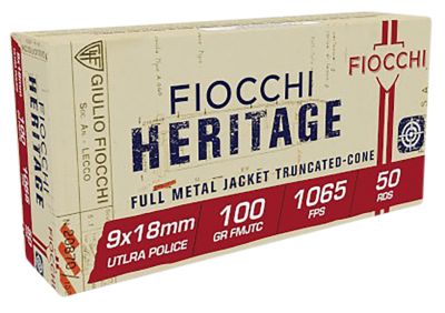 Fiocchi Heritage 9x18mm Ultra 100-Grain Full Metal Jacket Truncated Cone Handgun Ammunition, 50 Rounds
