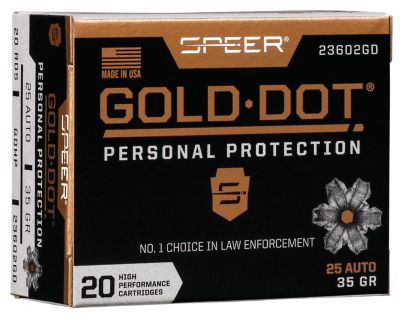 Speer Ammo Gold Dot Personal Protection .25 ACP 35-Grain Hollow Point Handgun Ammunition, 20 Rounds