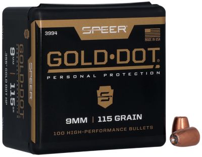 Speer Ammo Gold Dot Personal Protection 9mm 115-Grain Hollow Point Reloading Rifle Bullets, 100 Rounds