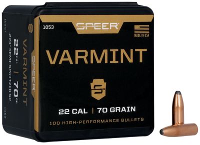 Speer Ammo Varmint .22 Caliber 70-Grain Jacketed Soft Point Reloading Rifle Bullets, 100 Rounds