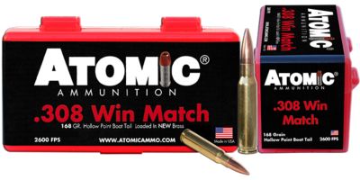 Atomic Ammunition Match .308 Win 168-Grain Hollow Point Boat Tail Rifle Ammunition, 50 Rounds