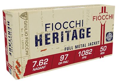 Fiocchi Heritage 7.62x38mmR Nagant 97-Grain Full Metal Jacket Handgun Ammunition, 50 Rounds