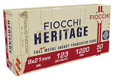 Fiocchi Heritage 9x21mm IMI 123-Grain Full Metal Jacket Truncated Cone Handgun Ammunition, 50 Rounds