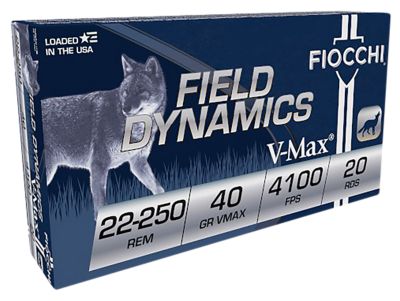 Fiocchi Field Dynamics .22-250 Remington 40-Grain Hornady V Max Rifle Ammunition, 20 Rounds