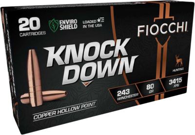Fiocchi Knock Down .243 Win 80-Grain Copper Hollow Point Rifle Ammunition, 20 Rounds