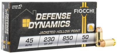 Fiocchi Defense Dynamics .45 ACP 230-Grain Jacketed Hollow Point Handgun Ammunition, 50 Rounds