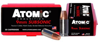 Atomic Ammunition Subsonic 9mm Luger 147-Grain Bonded Match Hollow Point Handgun Ammunition, 50 Rounds