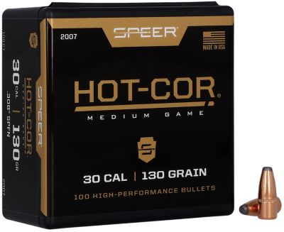 Speer Ammo Hot-Cor .30 Caliber 130-Grain Soft Point Flat Nose Reloading Rifle Bullets, 100 Rounds