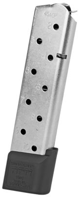 Chip McCormick Custom Power Mag Railed 10 Round 45 ACP Magazine for 1911 Government, Stainless Steel w/ Black Base Pad