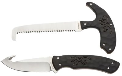 Browning 3.75 in. Fixed Blade Drop Point Knife with Gut Hook and 5.25 in. Saw Primal Combo with Sheath, 8Cr13MoV SS Blade