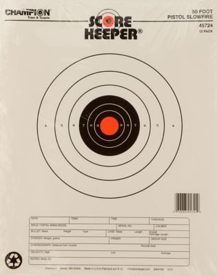 Champion Targets Score Keeper Slow Fire Bullseye Paper Hanging Pistol Targets, 50 ft., 11 in. x 16 in., Black/Orange, 12-Pack