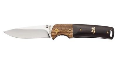 Browning 3 in. Buckmark Hunter EDC Drop Point Folding Knife, Mirror Polished 8Cr14MoV SS Blade, Black/Brass Hardwood Handle