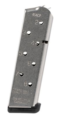 Chip McCormick Custom Power Mag Plus 8 Round 45 ACP Magazine for 1911 Government, Stainless Steel w/ Black Base Pad