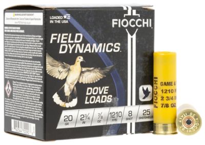 Fiocchi 20-Gauge Field Dynamics Dove and Quail 8-Shot Shotgun Shells, 2.75 in., 7/8 oz., 25 Rounds